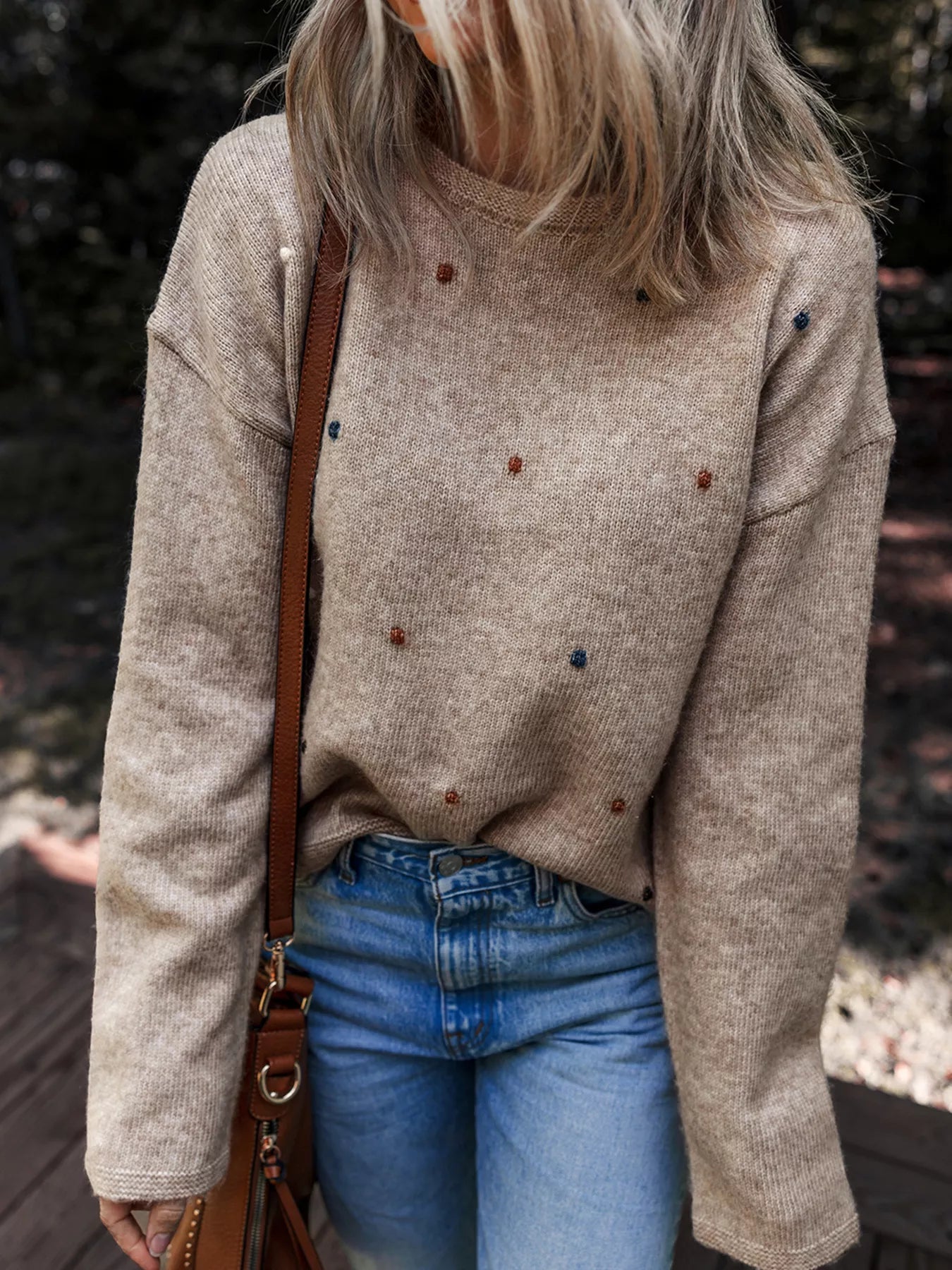 Contrast Colored Dot Detail Drop Shoulder Sweater 
