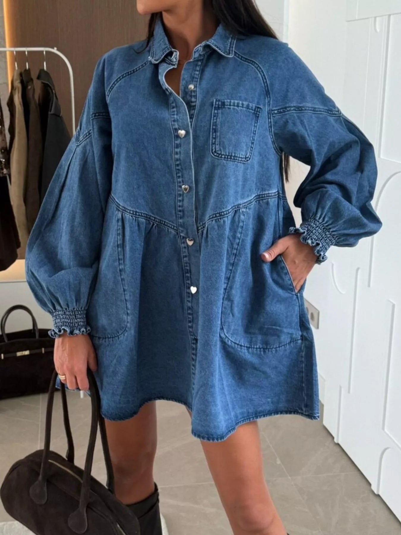 Button Down Mini Denim Dress with Front Pockets 