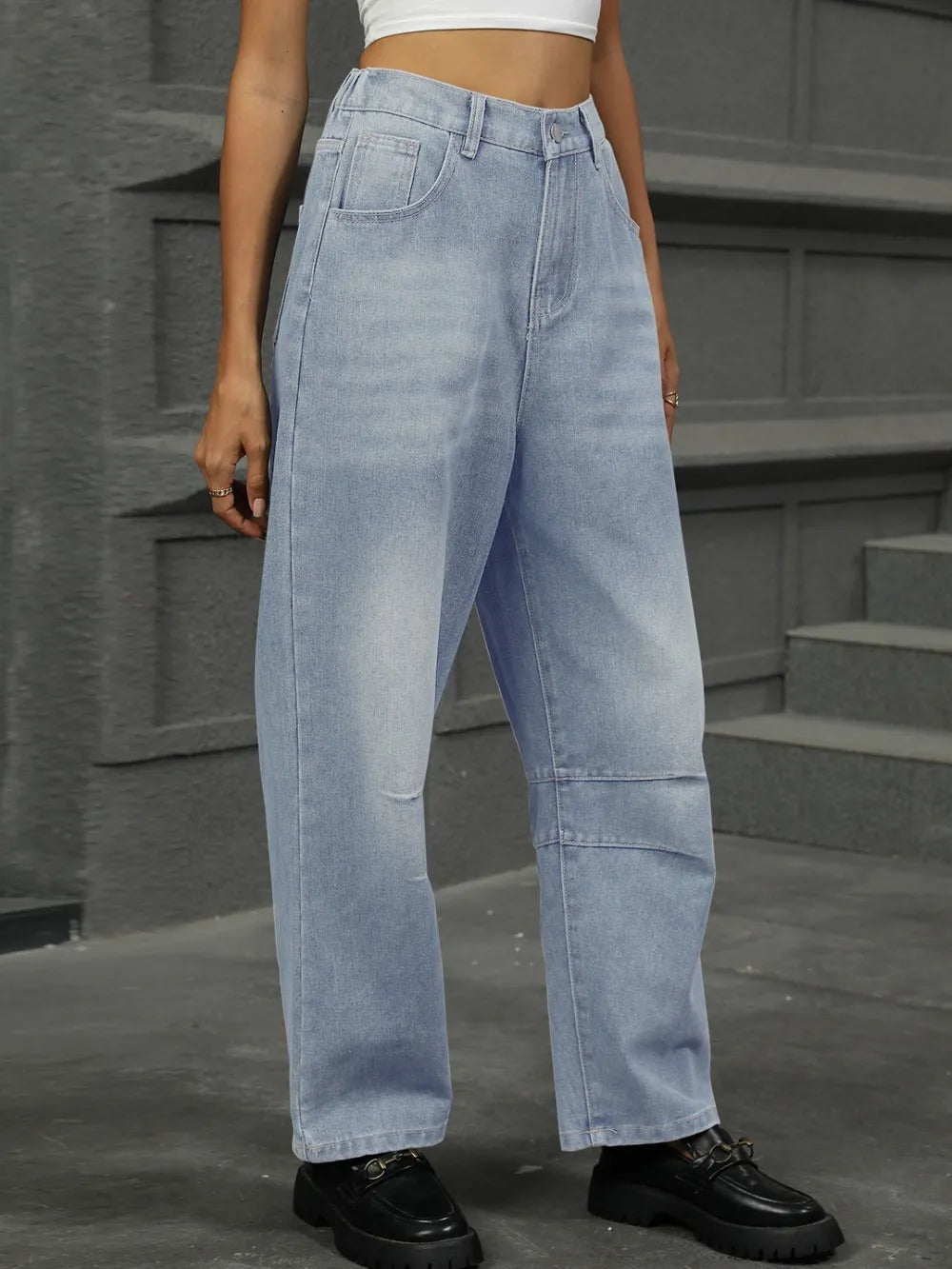 Half Elastic Waist Straight Leg Jeans 
