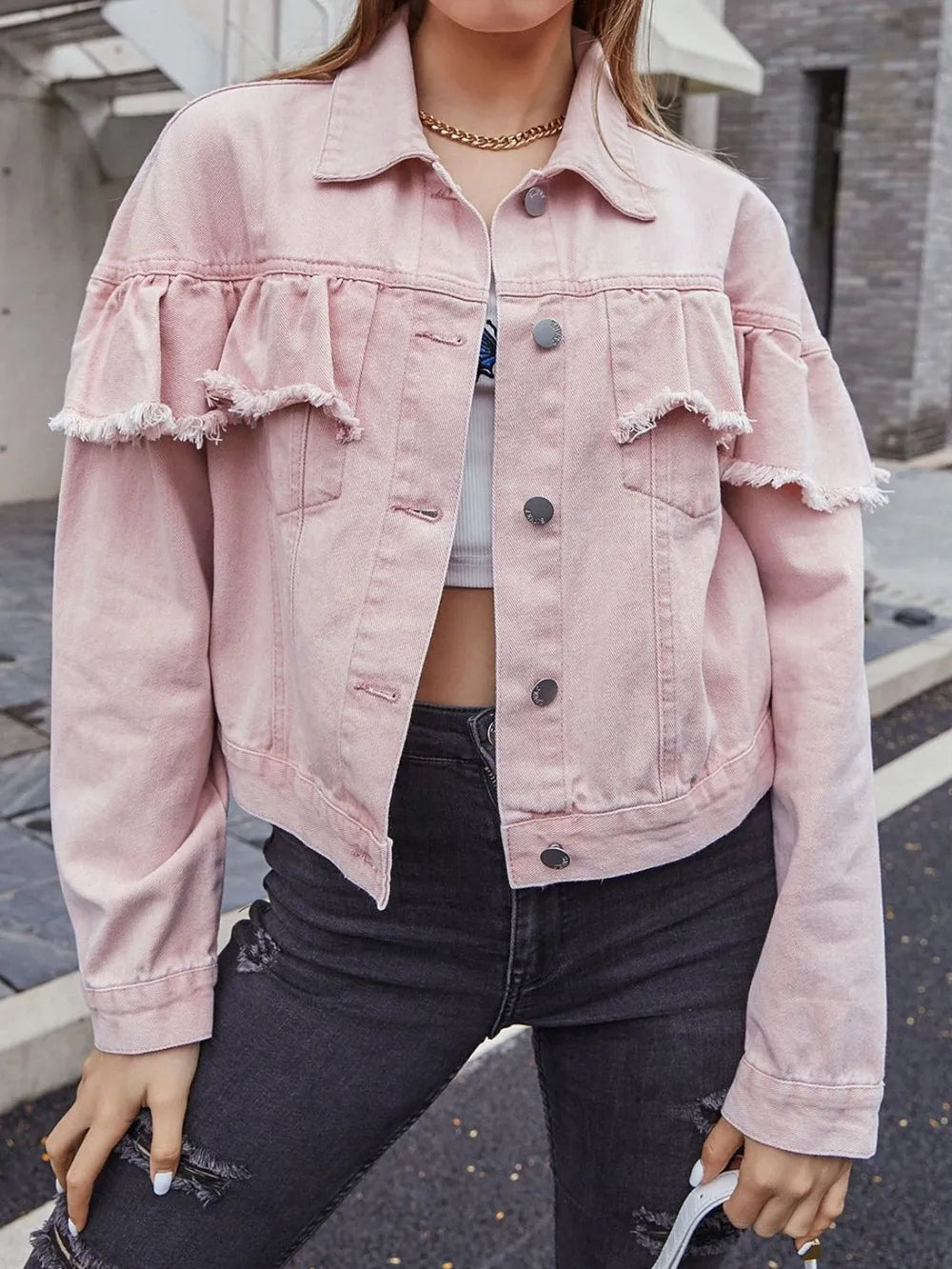 Ruffled Collared Neck Long Sleeve Denim Top 