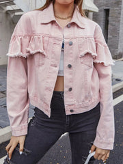 Ruffled Collared Neck Long Sleeve Denim Top 