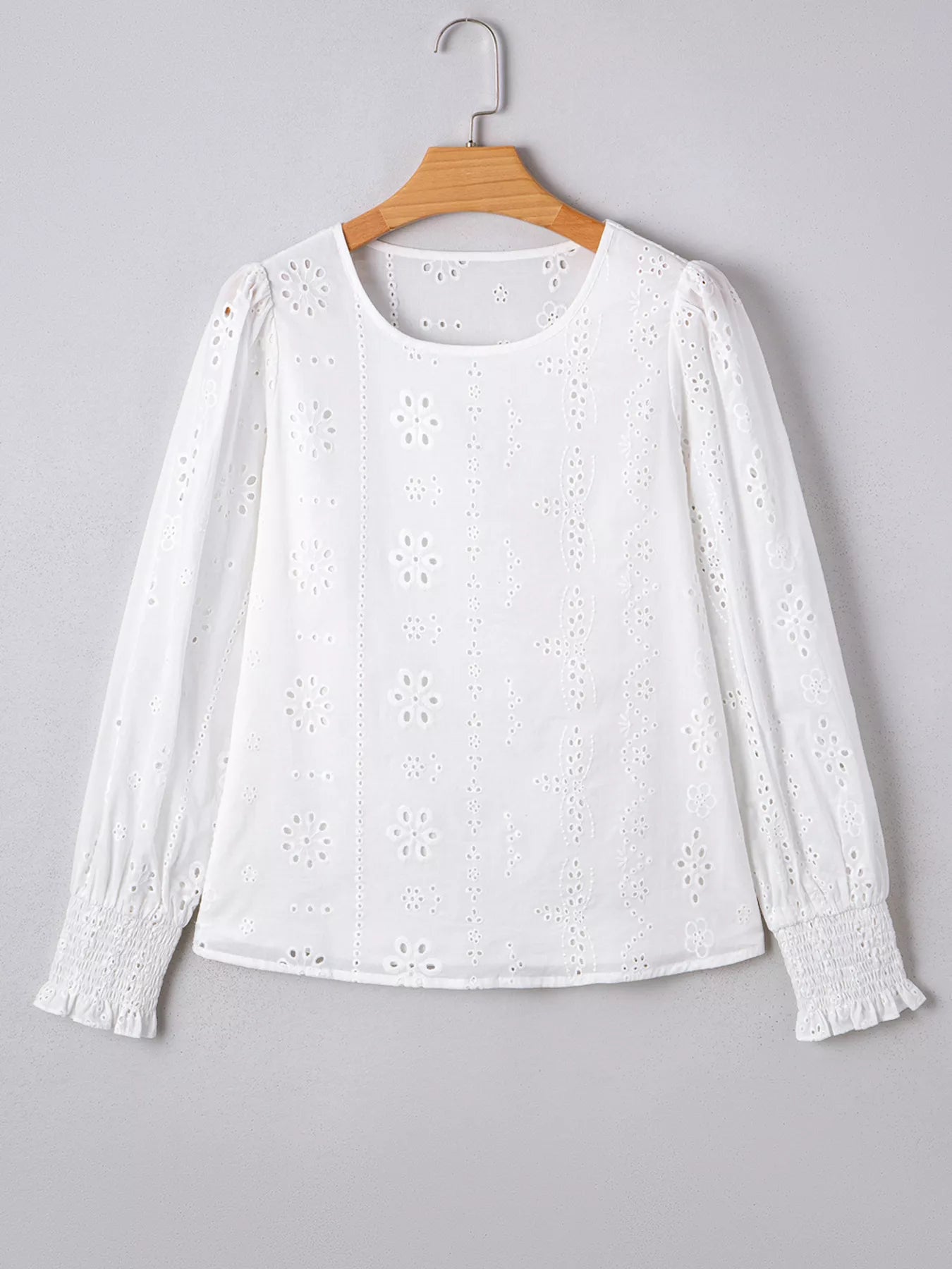Eyelet Embroidered Smocked Cuff Sheer Blouse 