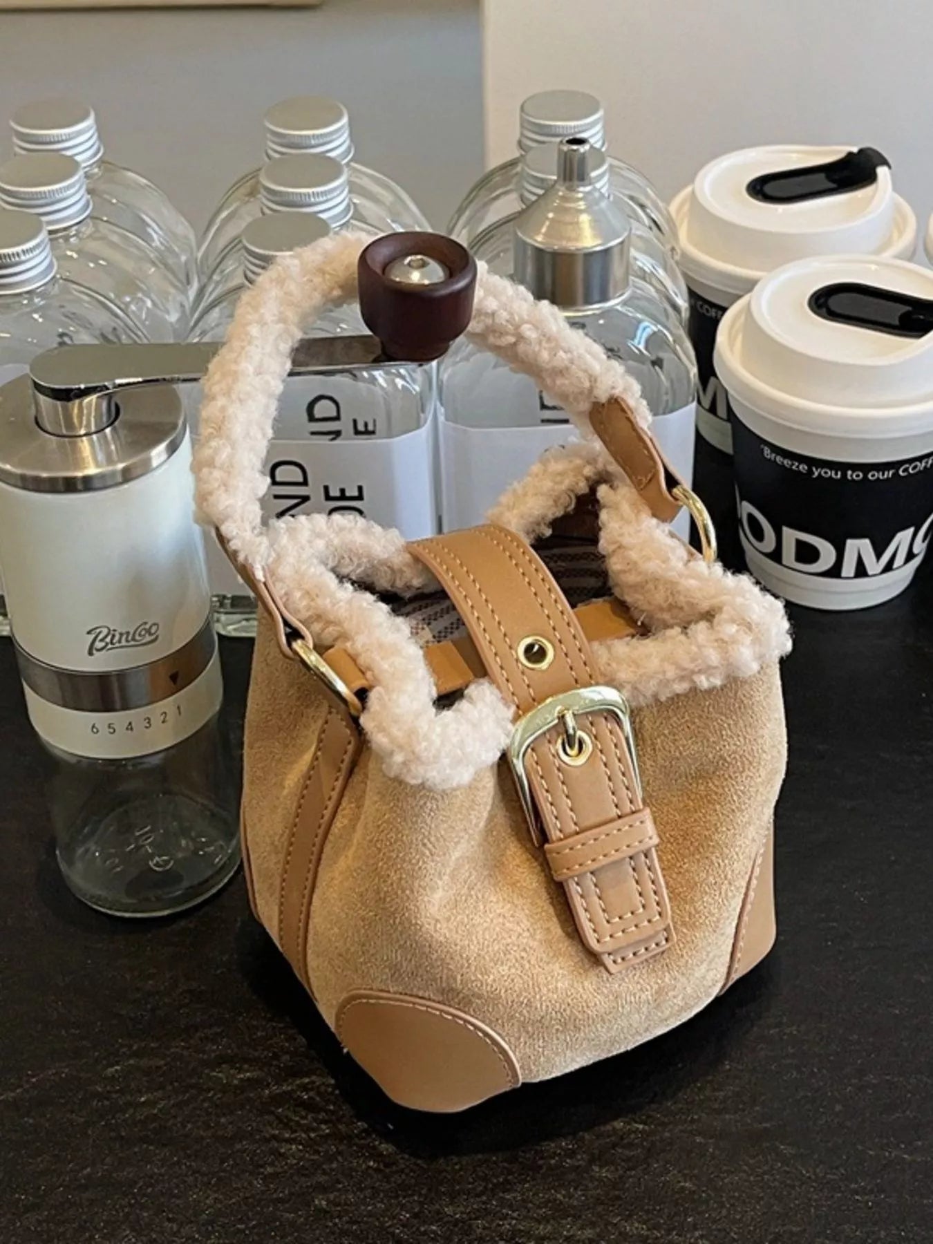 Fuzzy Trim Bucket Crossbody Bag 