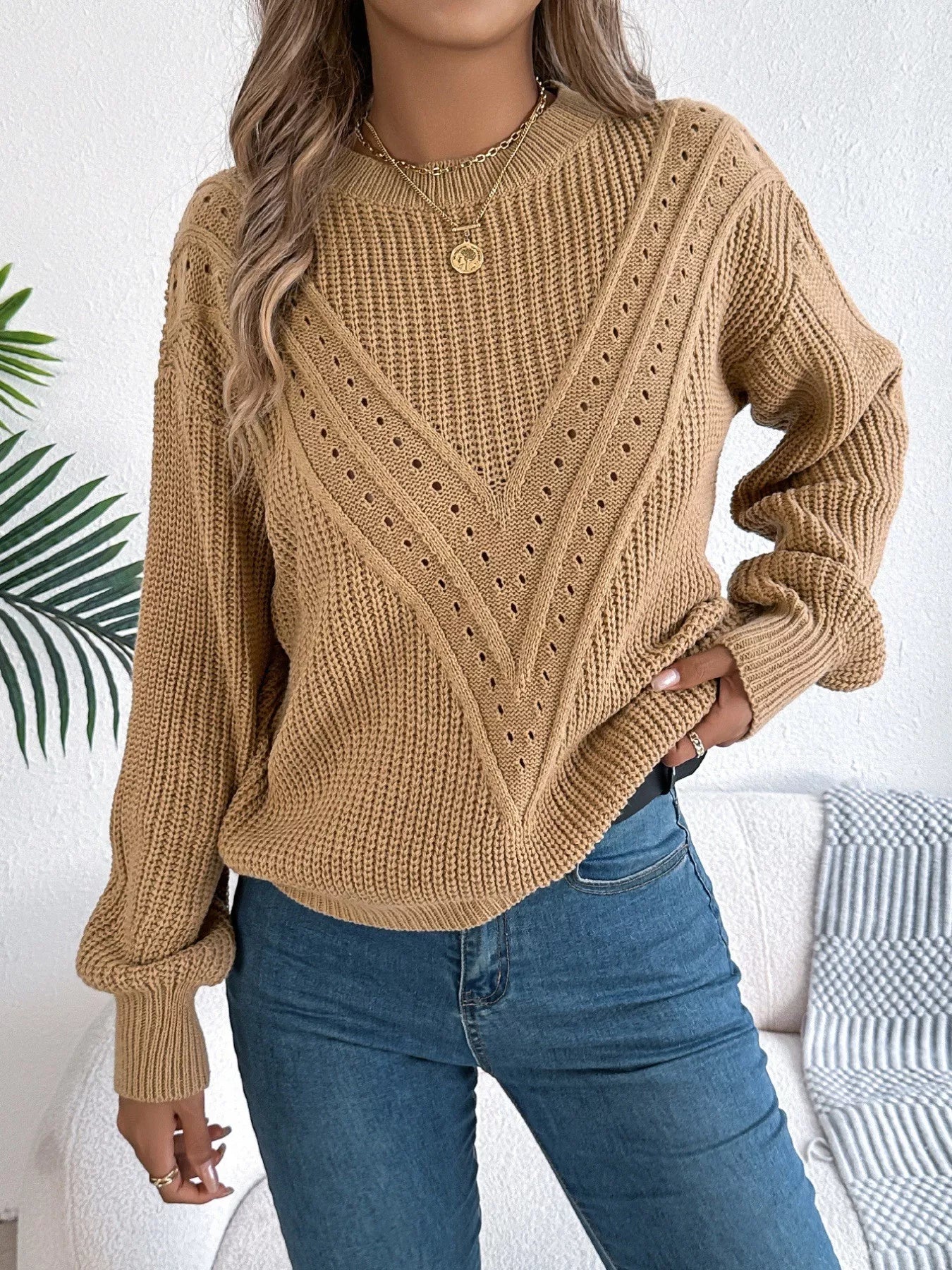 Openwork Round Neck Sweater 