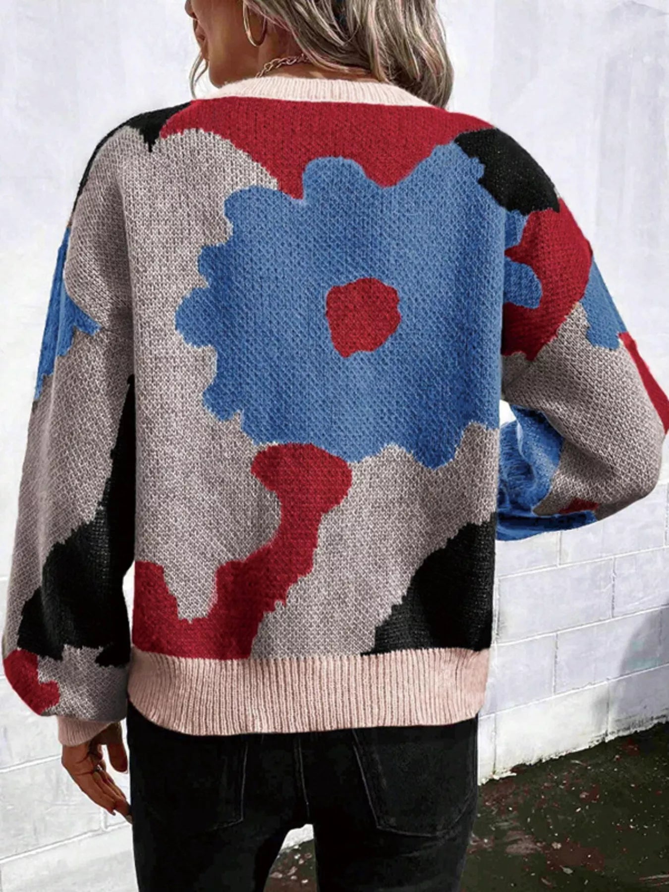 Floral Pattern Round Neck Sweater 