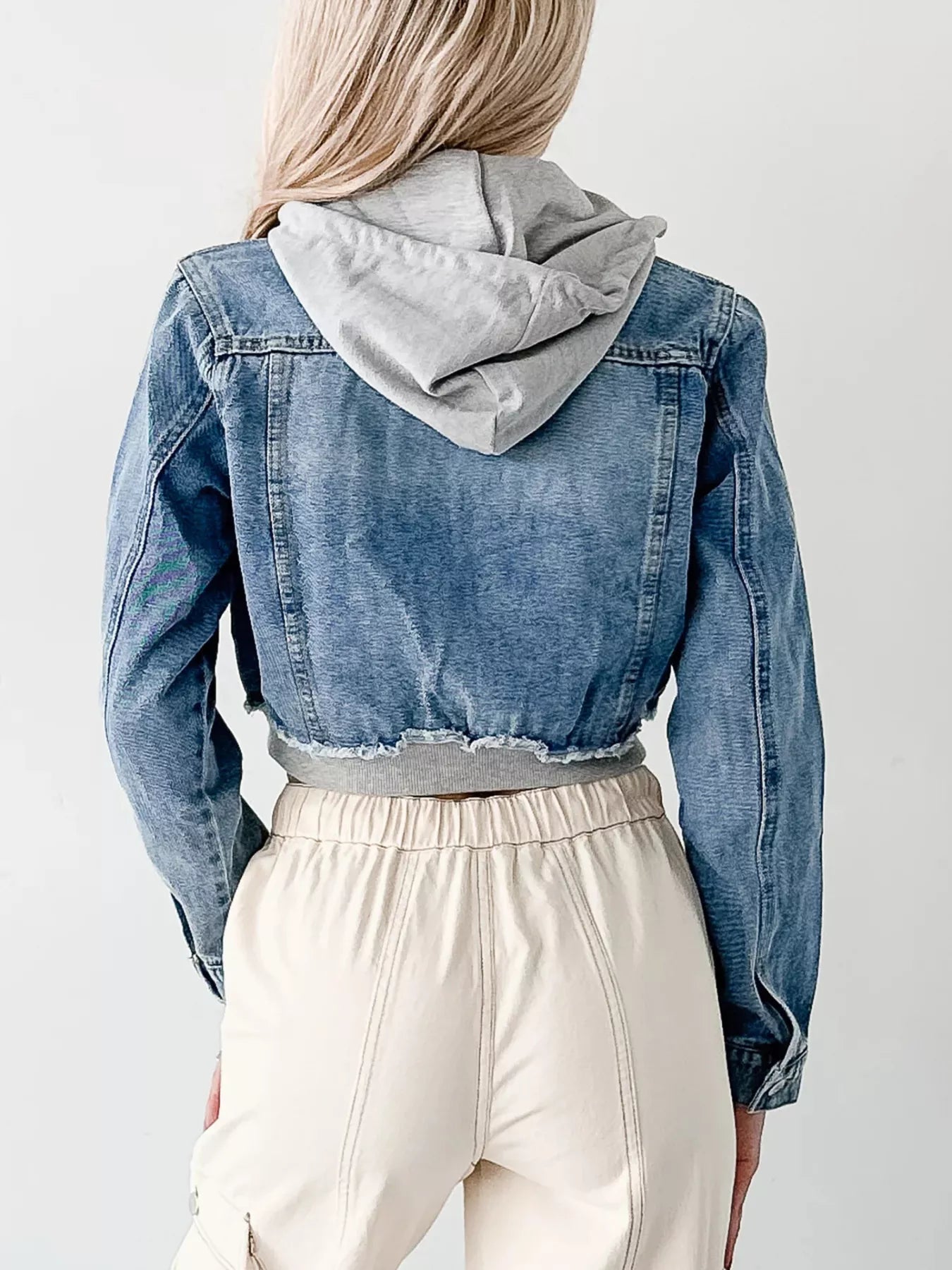 Distressed Zip Up Cropped Hooded Denim Jacket 