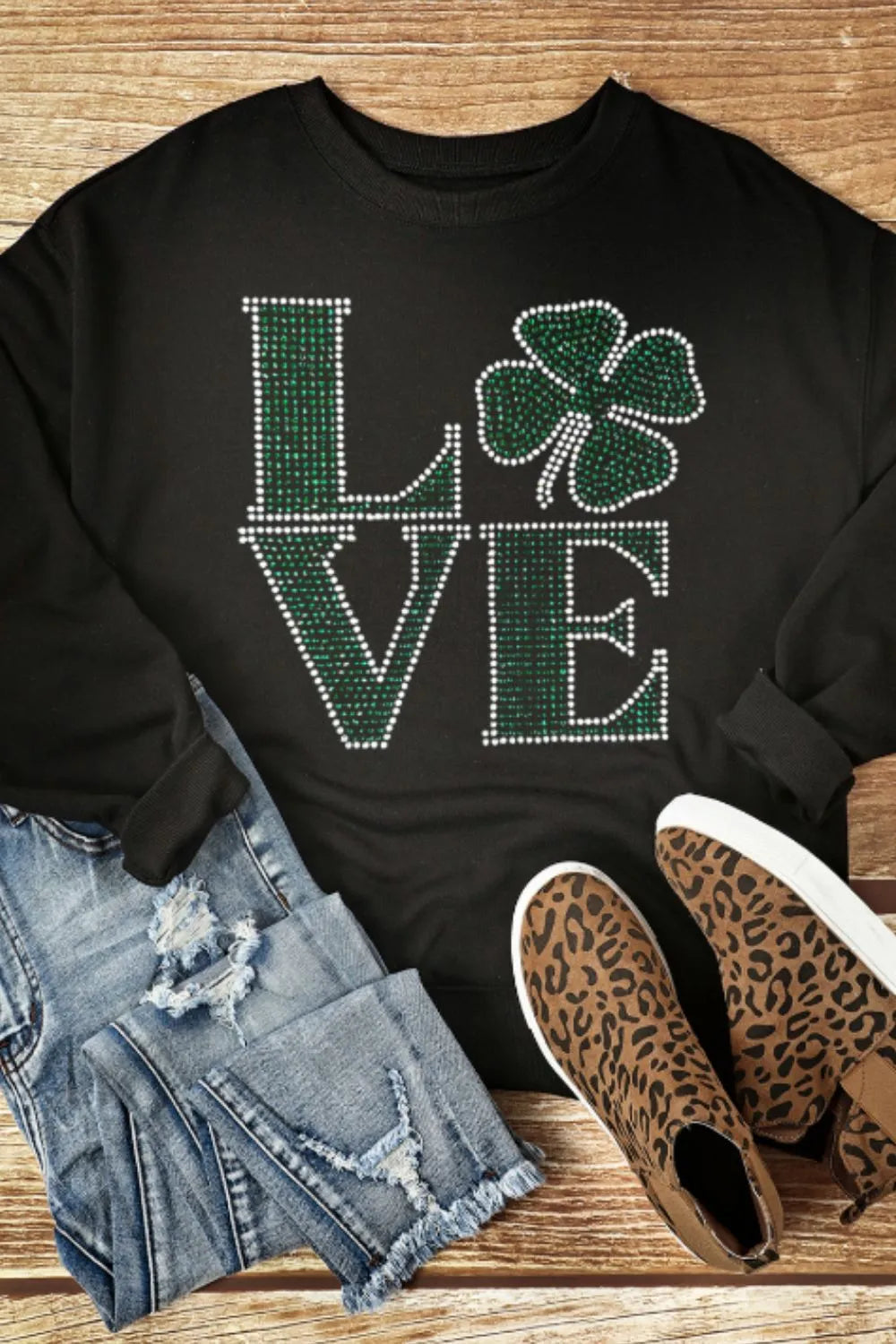 LOVE Rhinestone Clover Round Neck Sweatshirt 