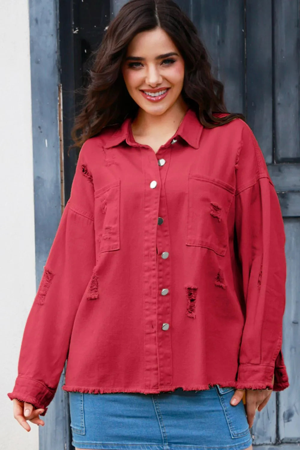 Distressed Button Up Raw Hem Denim Jacket 