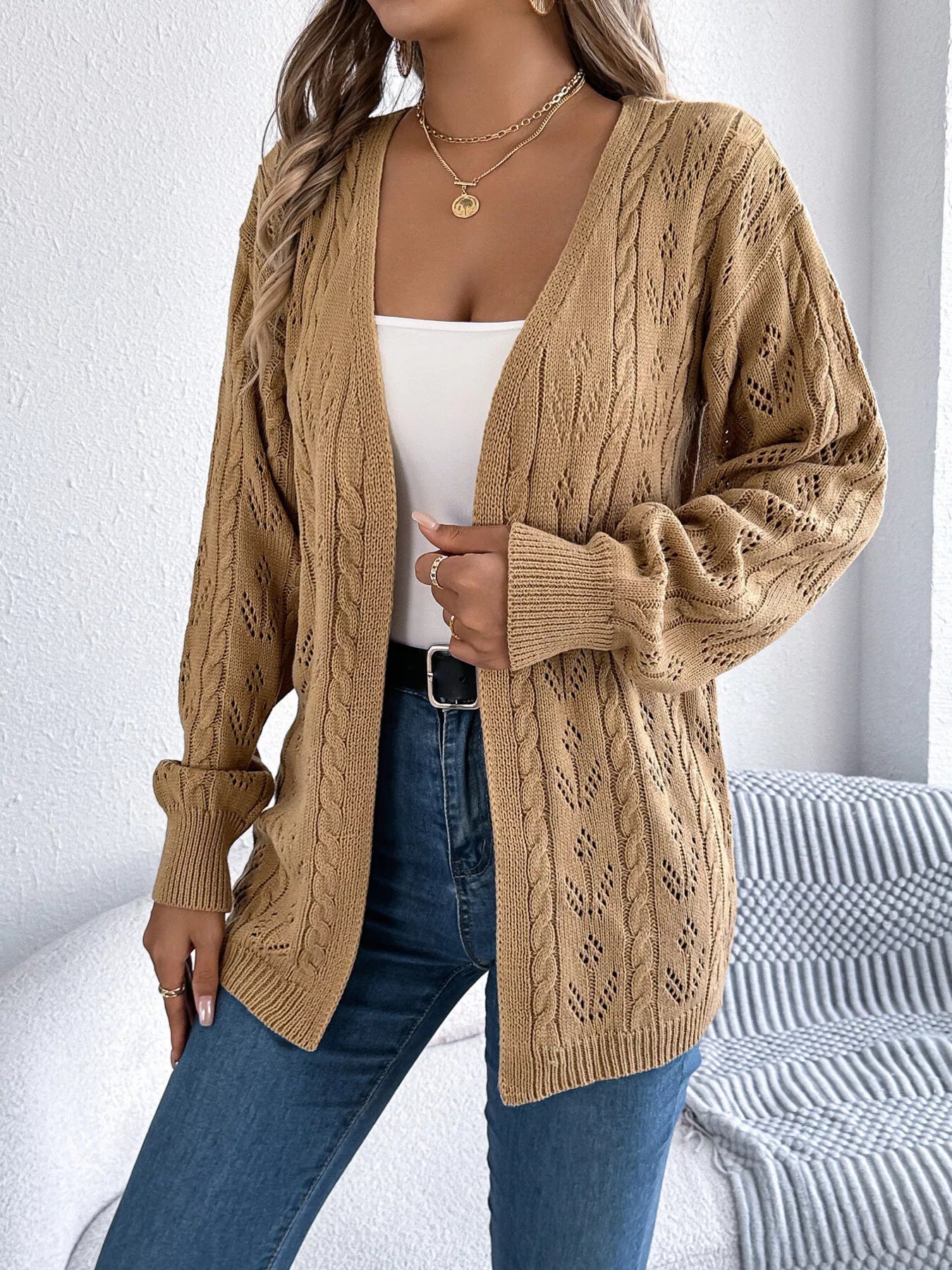 Openwork Open Front Long Sleeve Cardigan 