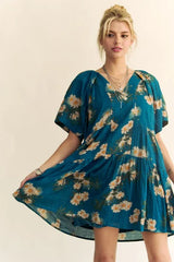 Davi & Dani Floral Print Short Bell Sleeve Pleated Mini Dress 