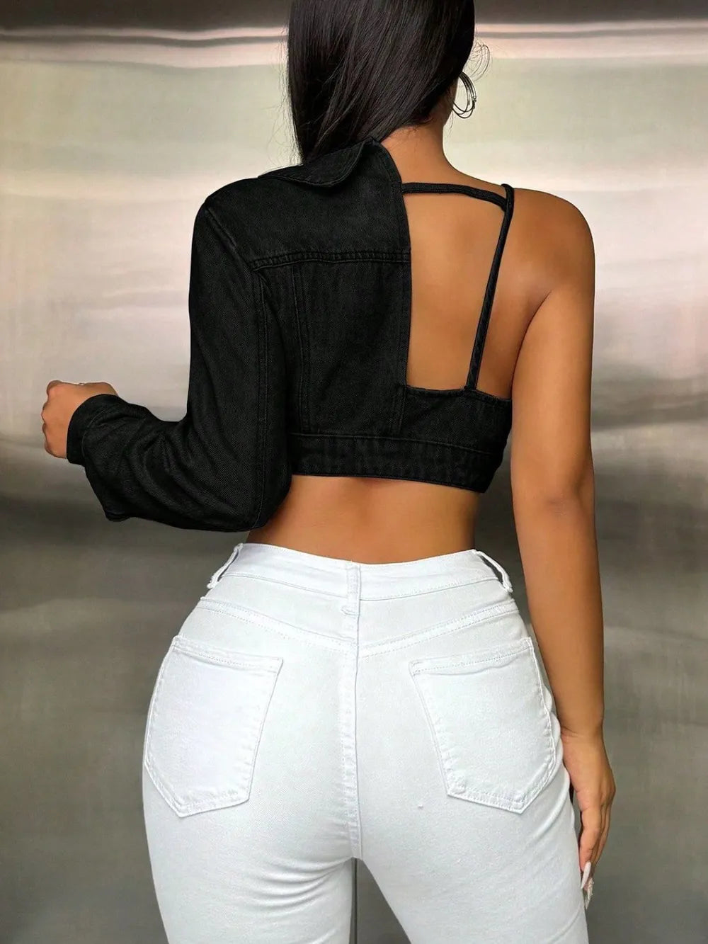 One Shoulder Long Sleeve Cropped Denim Top 