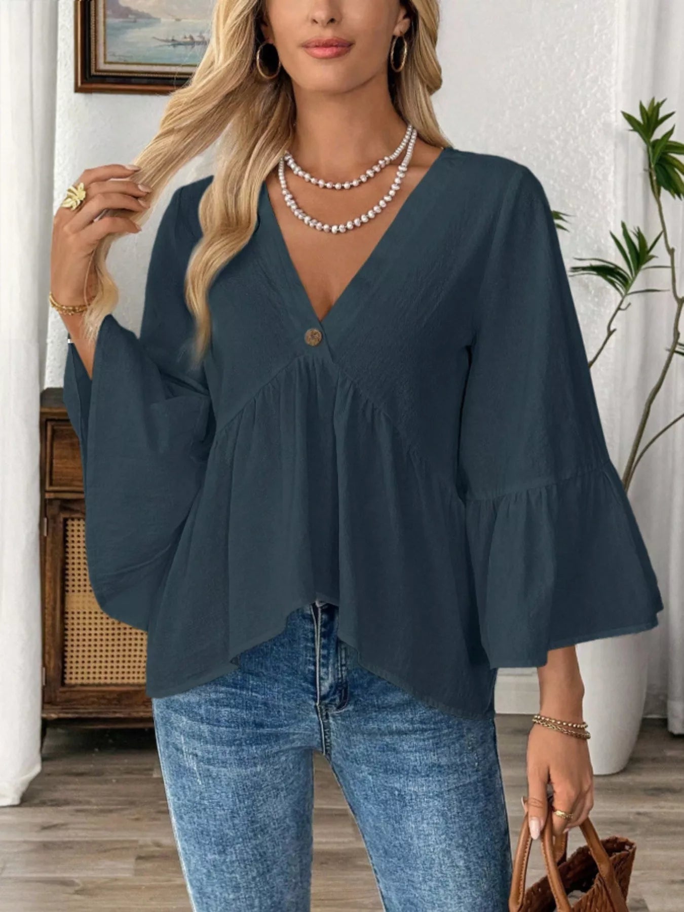 V-Neck Bell Sleeve Blouse 