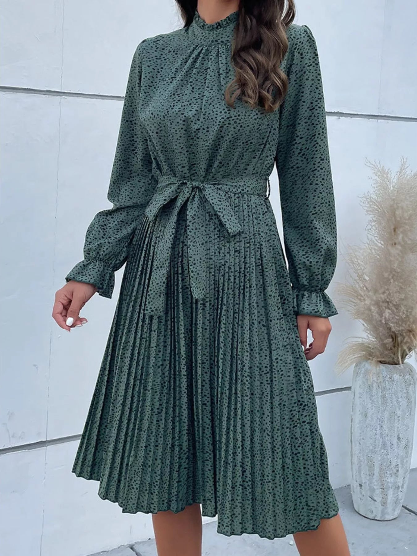 Animal Print Mock Neck Flounce Sleeve Dress 
