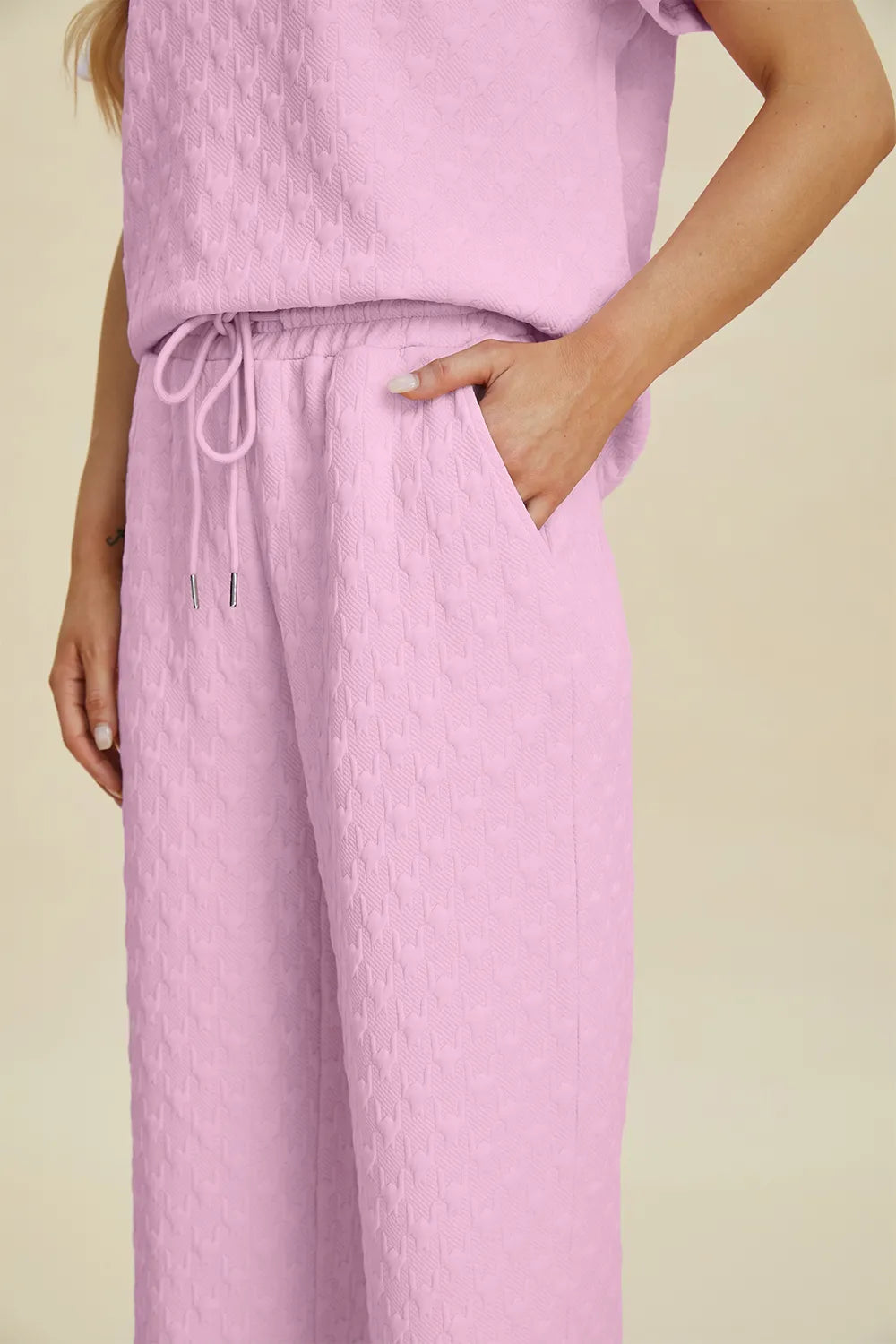 Double Take Full Size Texture Round Neck Short Sleeve Top and Pants Set 