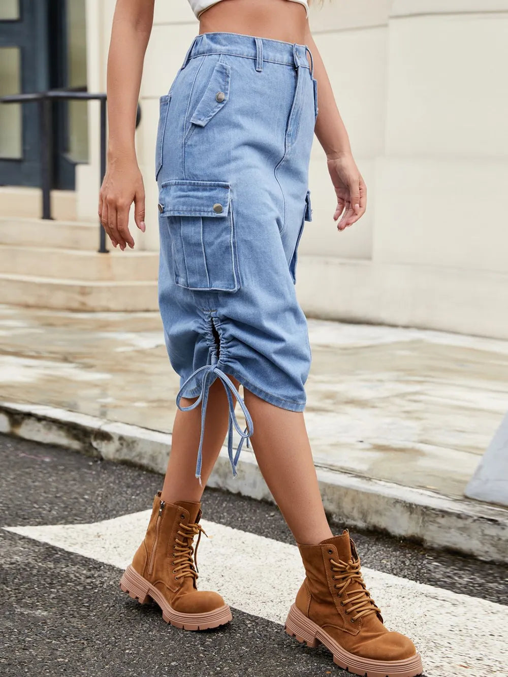 Drawstring Denim Skirt with Cargo Pockets 