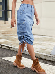 Drawstring Denim Skirt with Cargo Pockets 