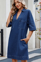 Johnny Collar Half Sleeve Denim Dress 