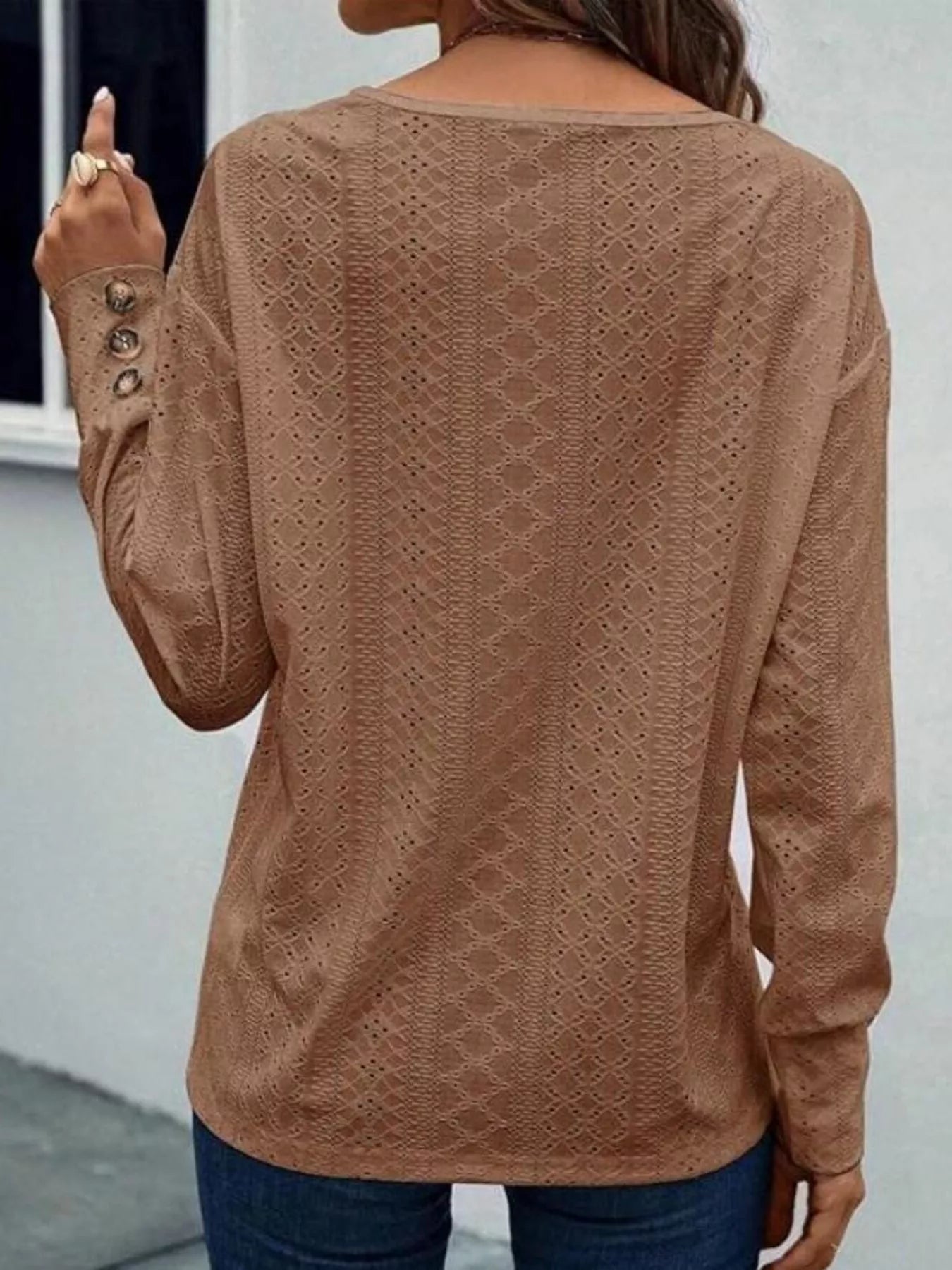 Eyelet V-Neck Long Sleeve Blouse 
