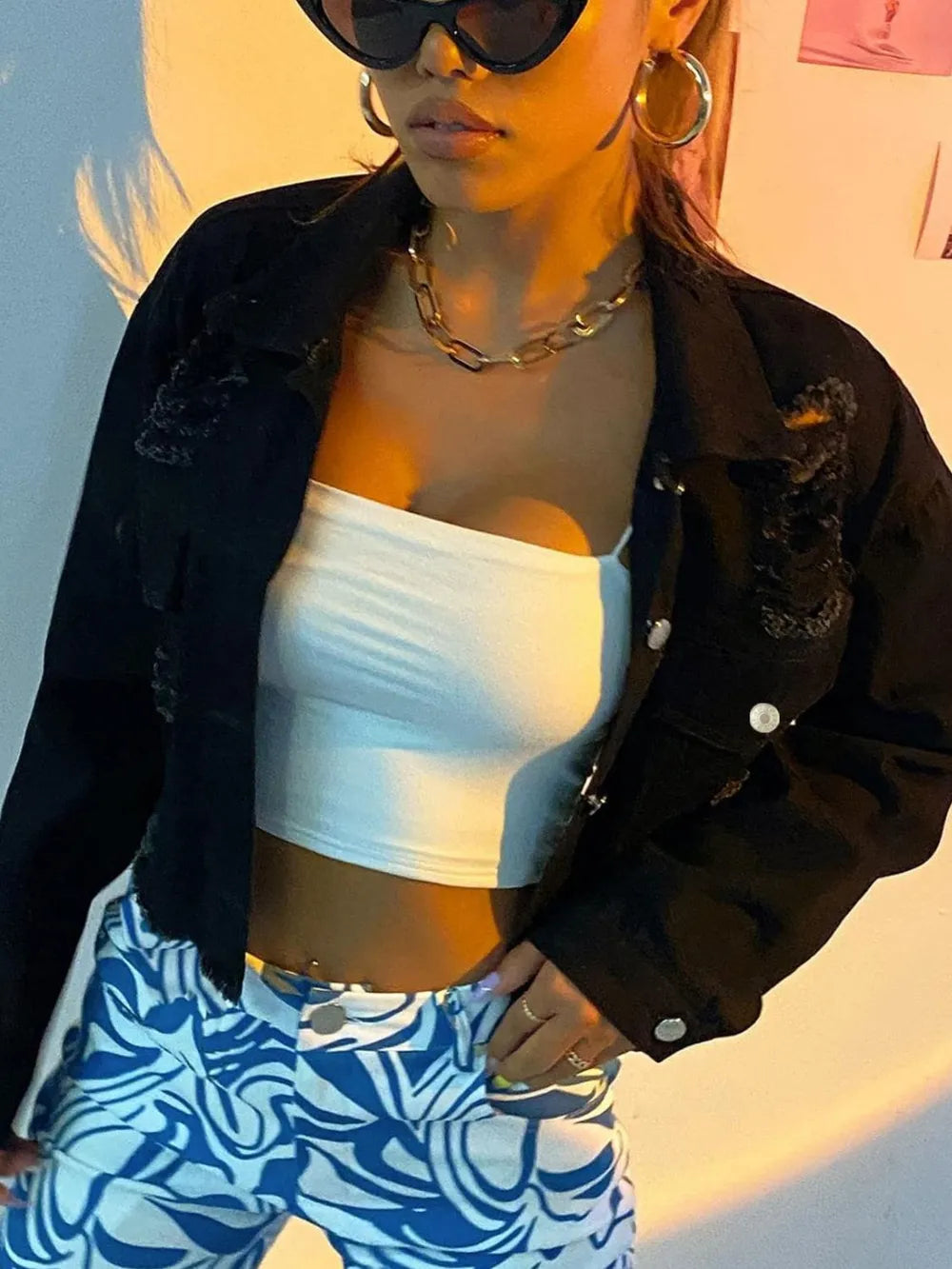 Distressed Collared Neck Long Sleeve Denim Top 