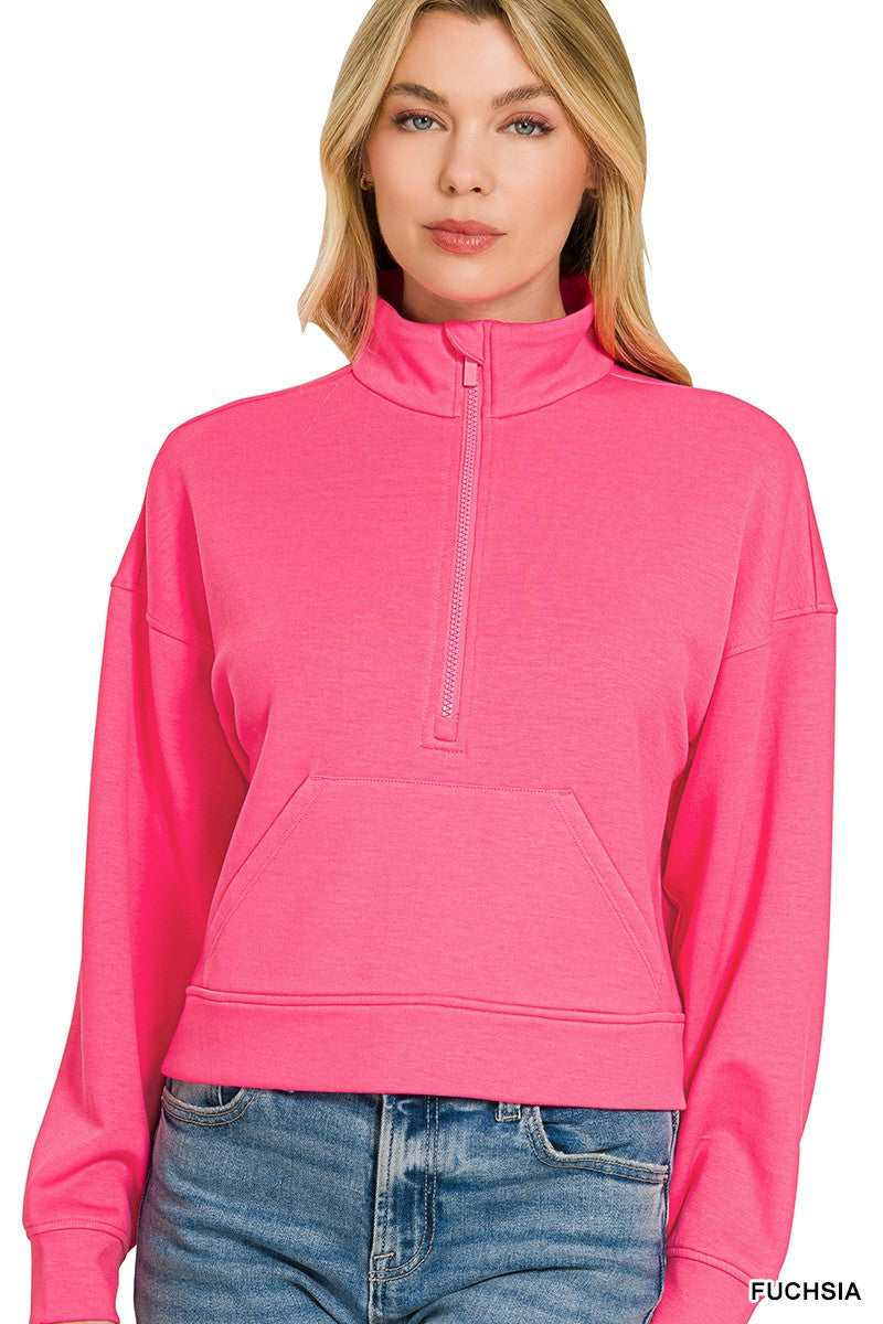 Zenana Scuba Half Zip Pullover With Kangaroo Pockets 