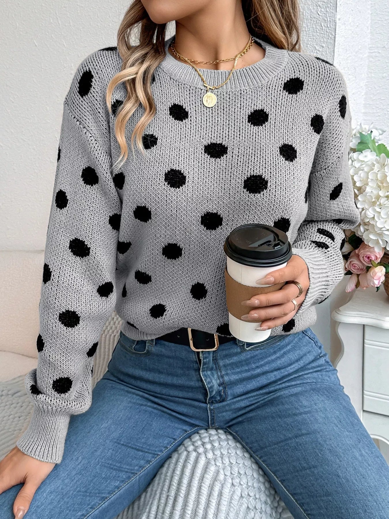 Polka Dot Round Neck Sweater 