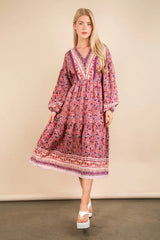 VERY J Floral Printed Boho V-Neck Balloon Sleeve Dress 