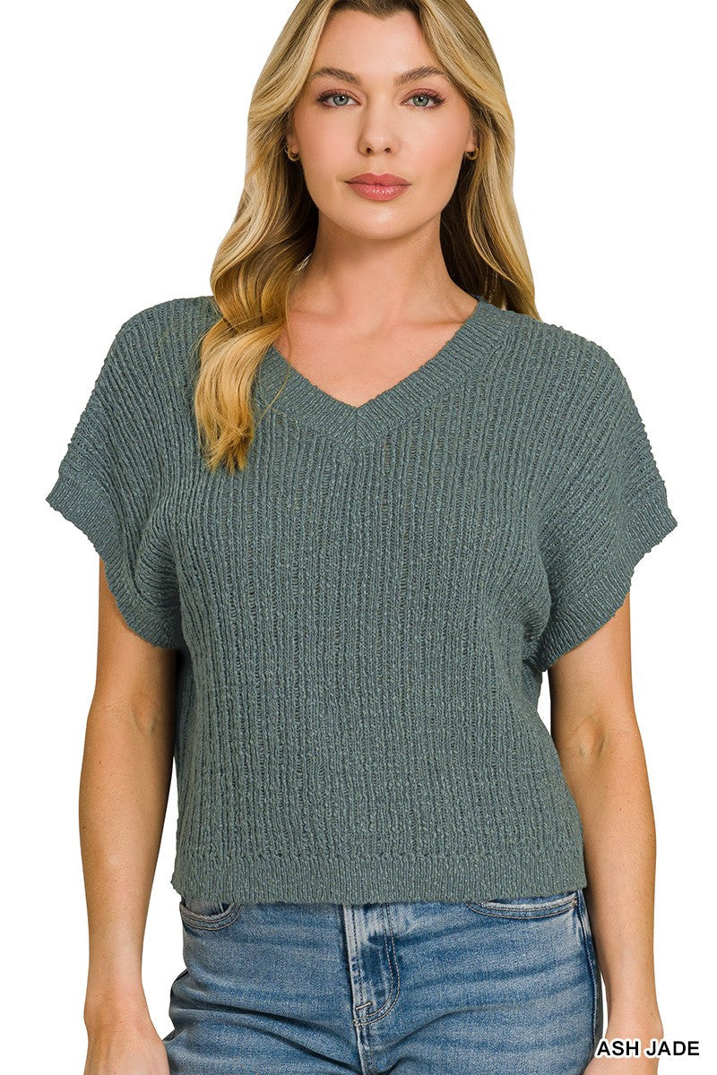 Zenana Textured Knit V-Neck Cropped Sweater 