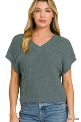 Zenana Textured Knit V-Neck Cropped Sweater 