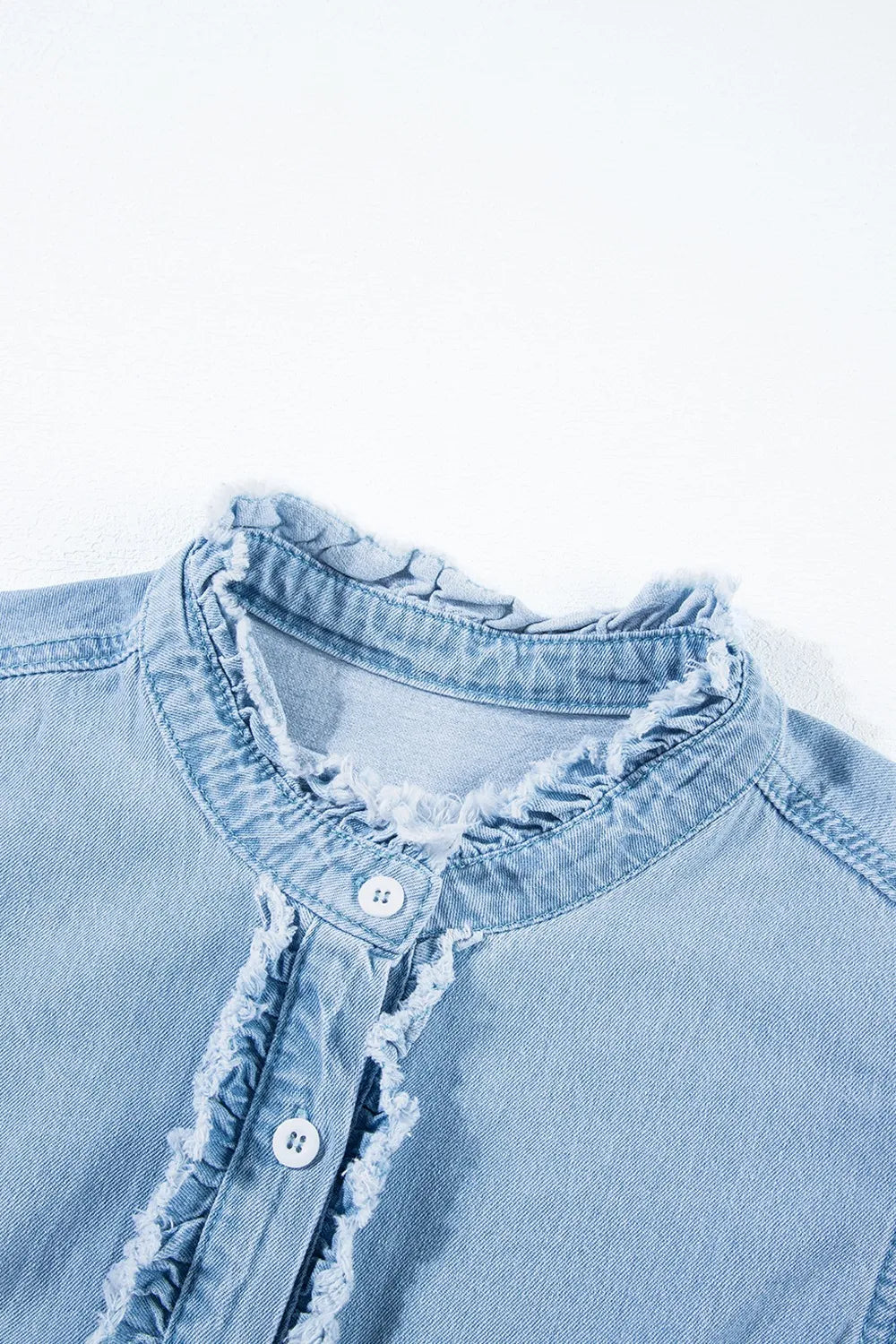 Button Down Raw Hem Ruffled Denim Shirt 