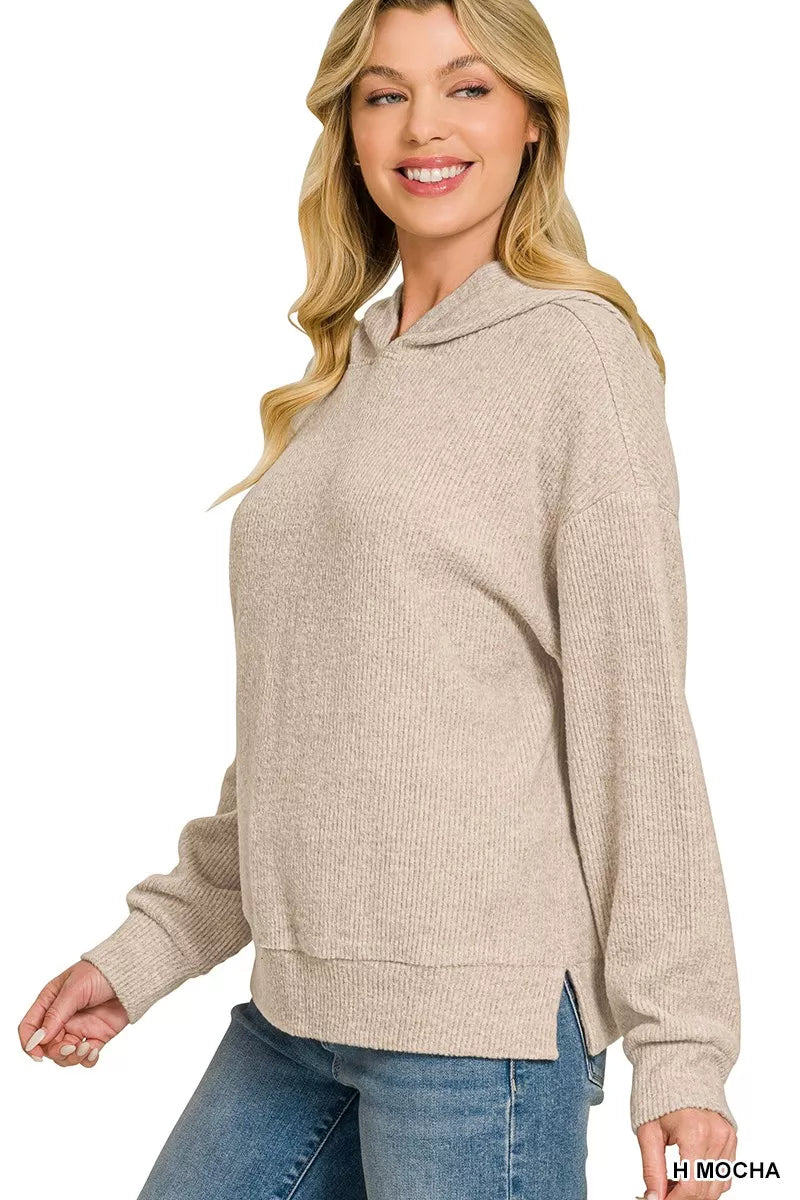 Zenana Brushed Ribbed Hacci Hoodie Pullover 