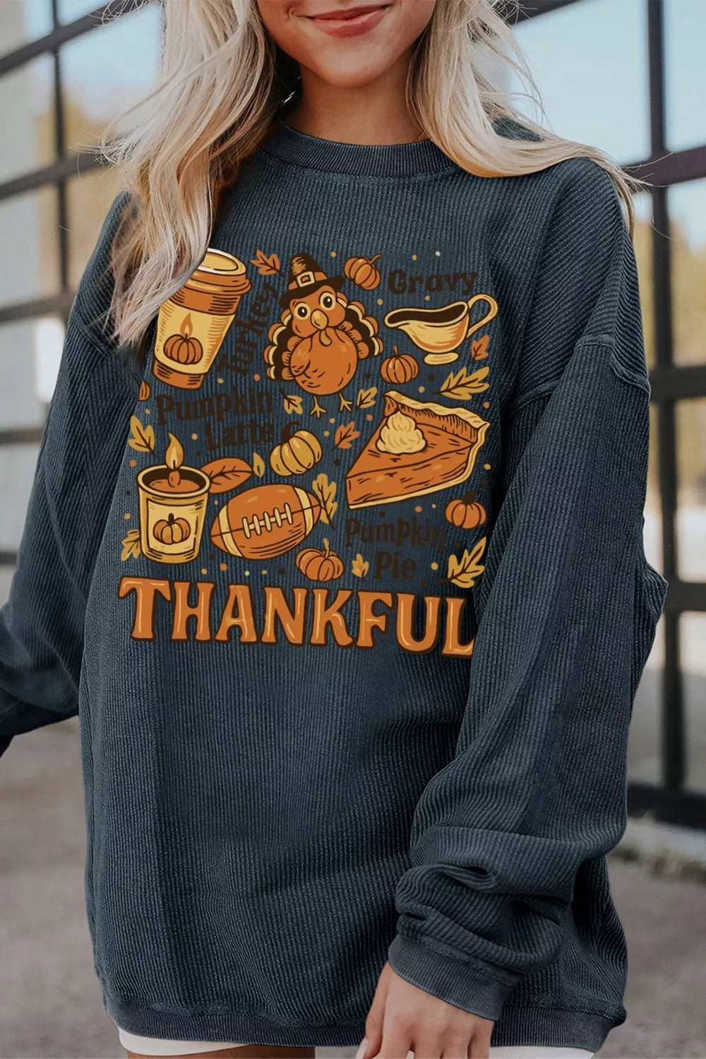 Thankful Thanksgiving Graphic Long Sleeve Sweatshirt 