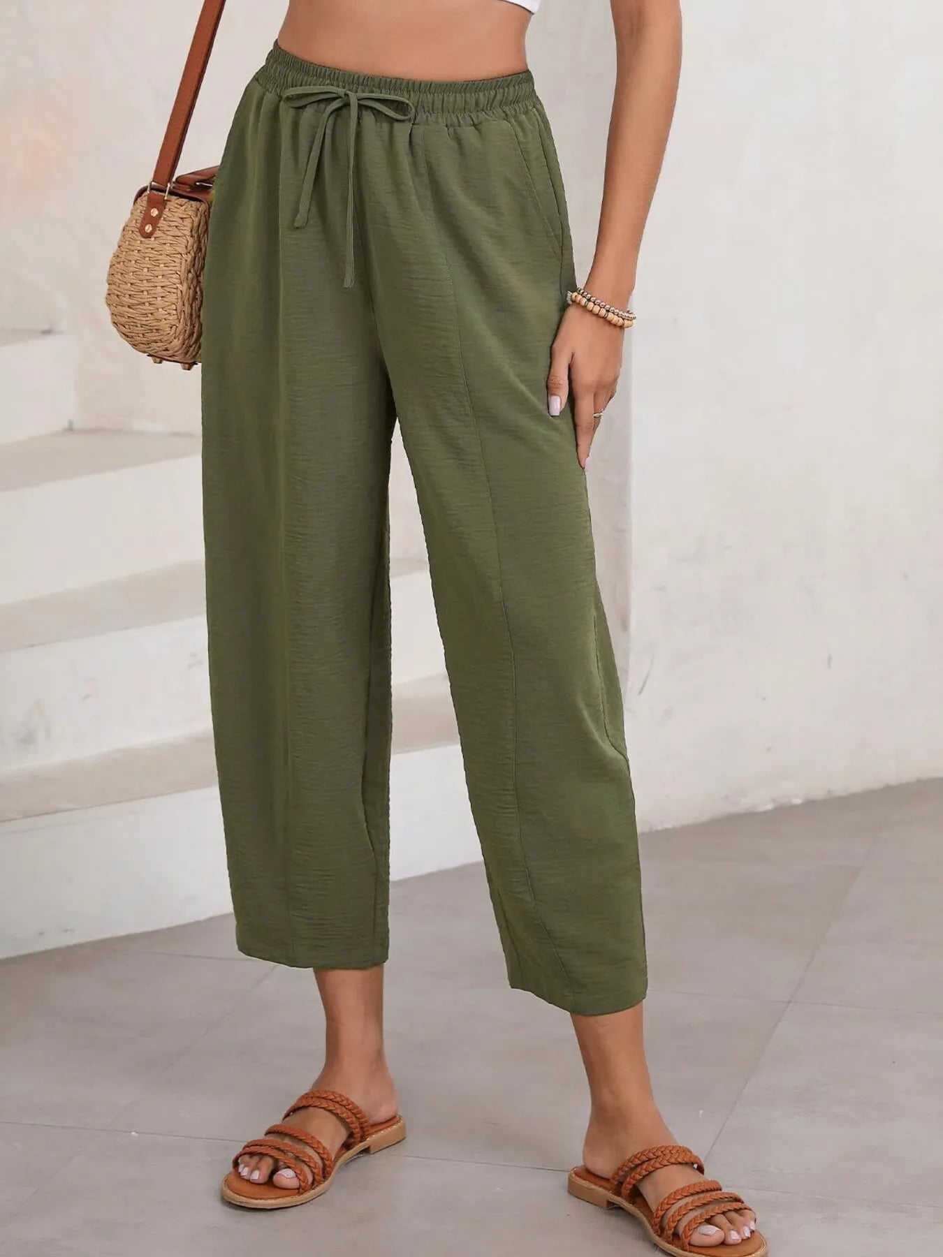 Full Size Drawstring Wide Leg Cropped Pants Plus Size 