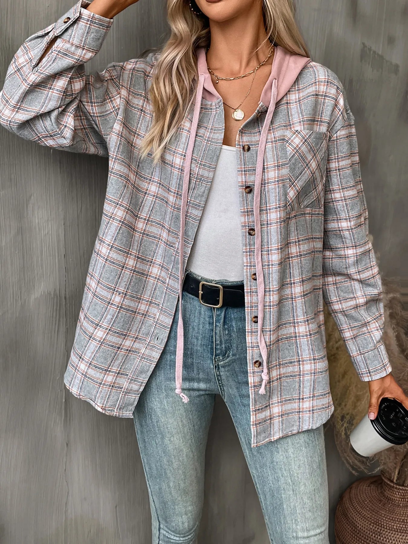 Plaid Button-Up Hooded Shirt with Chest Pocket 