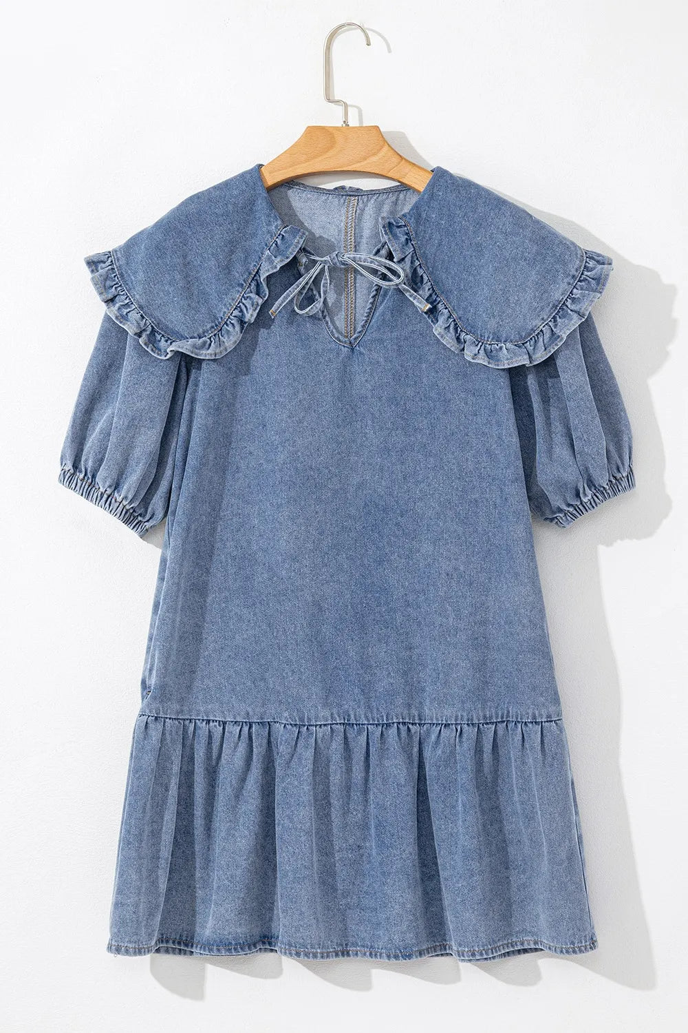 Ruffled Side Pockets Puff Sleeve Denim Mini Dress 