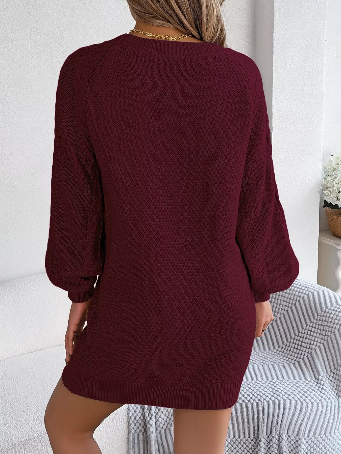 Diamond Cable Knit Sweater Dress with Long Sleeves 