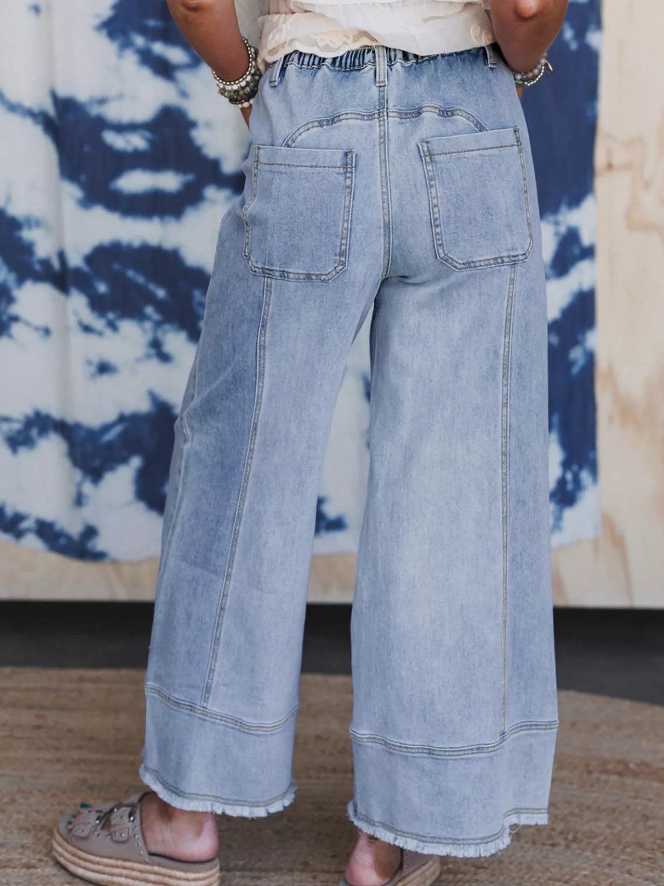 Wide Leg Drawstring Raw Hem Jeans 