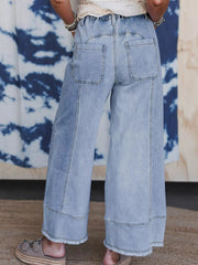 Wide Leg Drawstring Raw Hem Jeans 