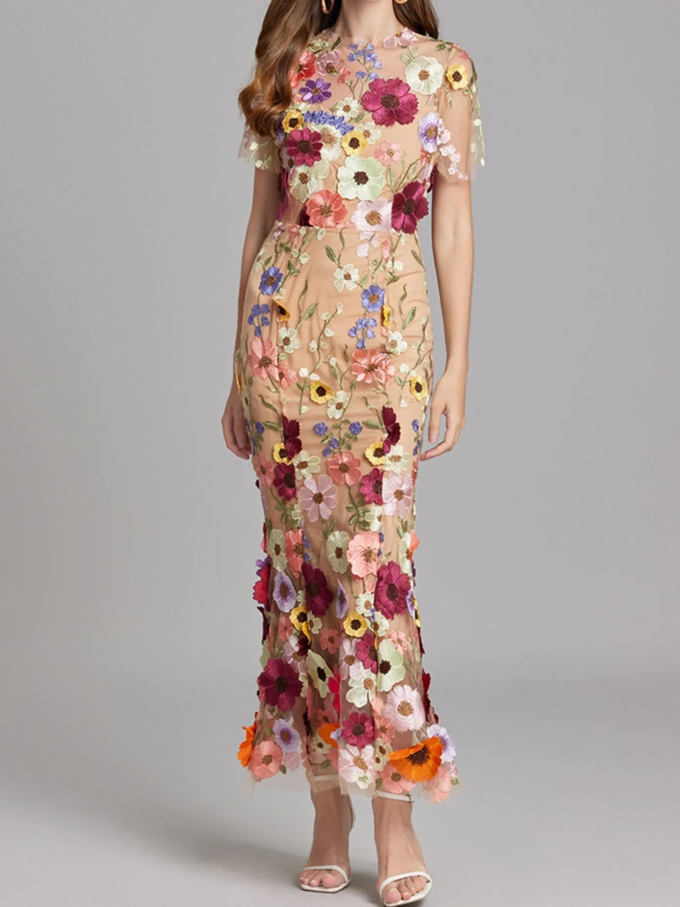 Floral Embroidered Mesh Overlay Maxi Dress 