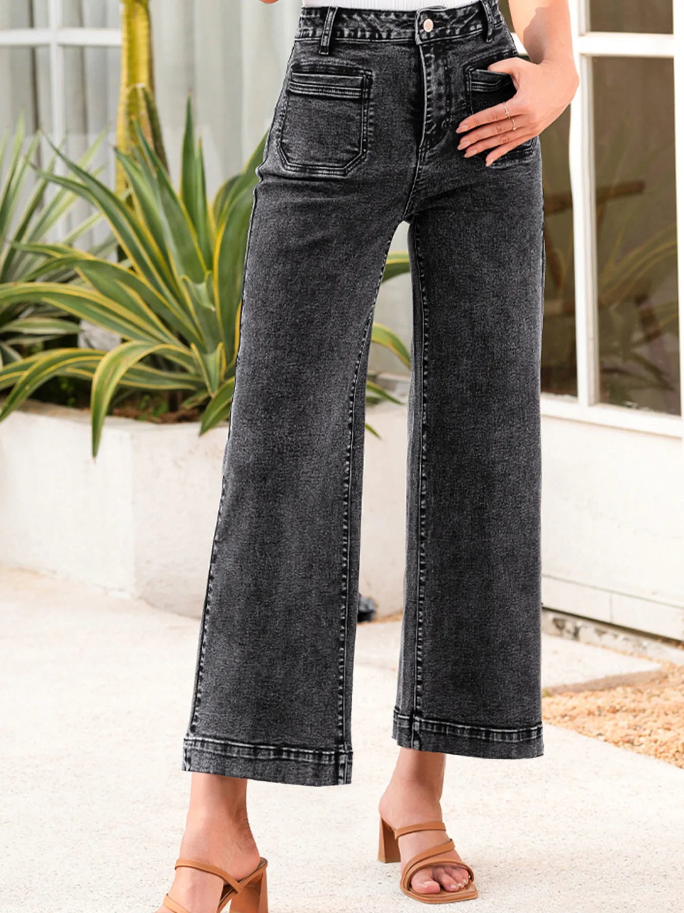 High-Waisted Wide Leg Washed Jeans 