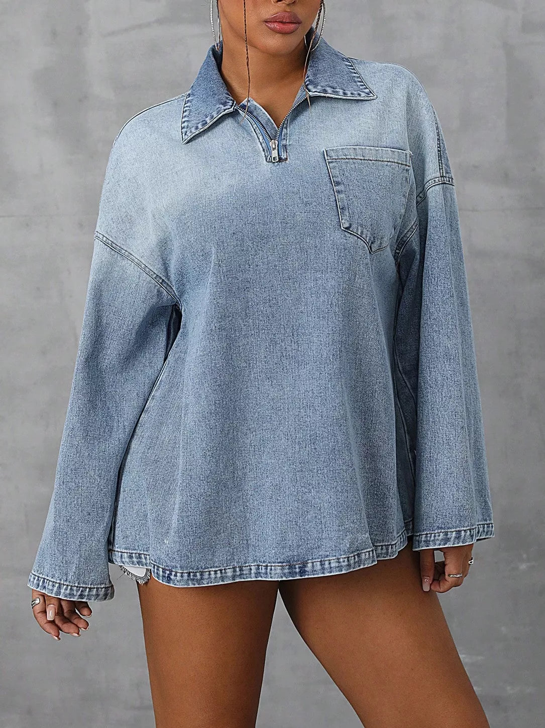 Collared Neck Drop Shoulder Denim Top 