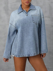 Collared Neck Drop Shoulder Denim Top 