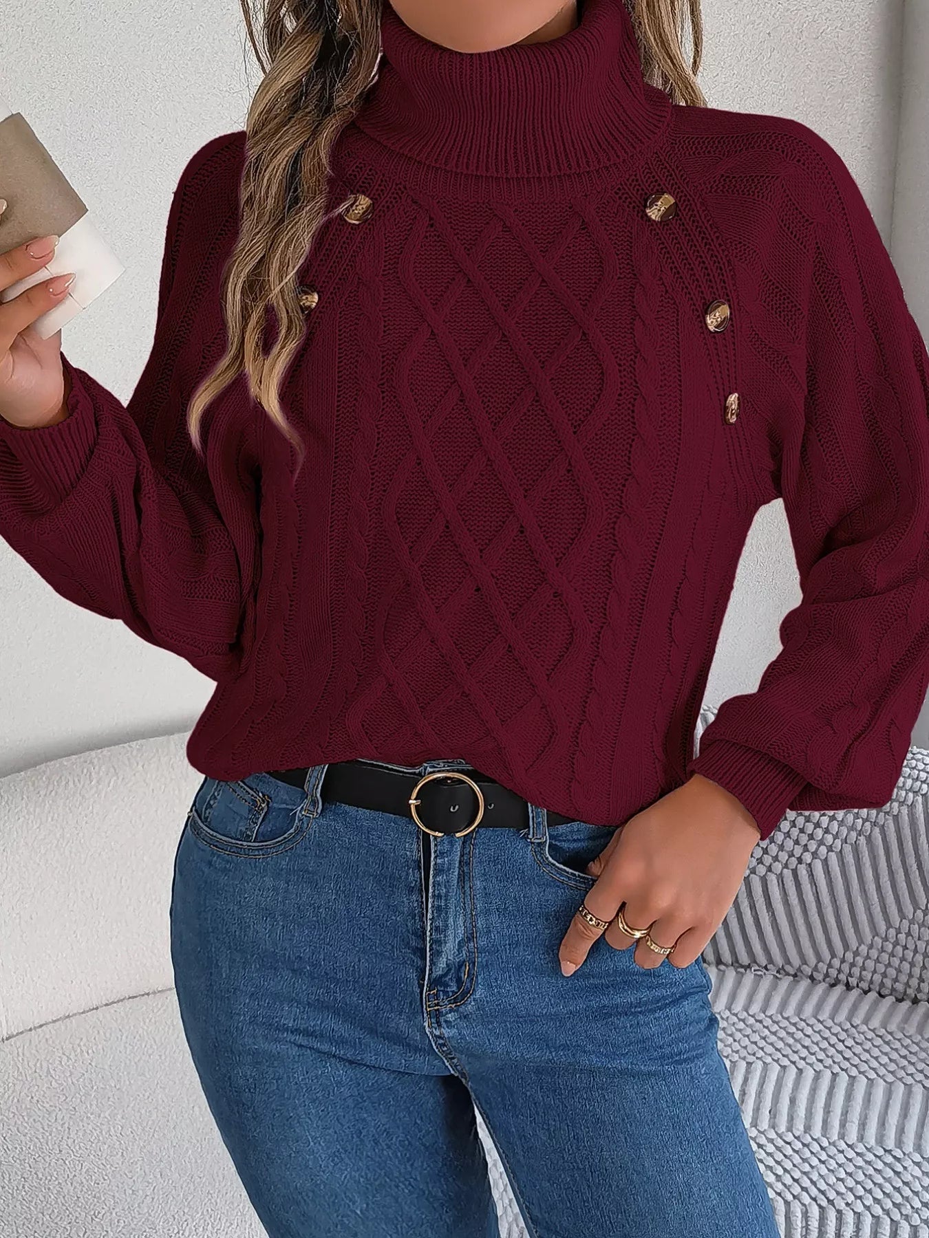 Cable Knit Turtleneck Long Sleeve Sweater 