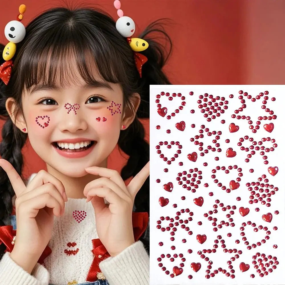 3D Rhinestone Face Gem Stickers - Star, Heart & Bow Temporary Tattoos for Festival Makeup dylinoshop
