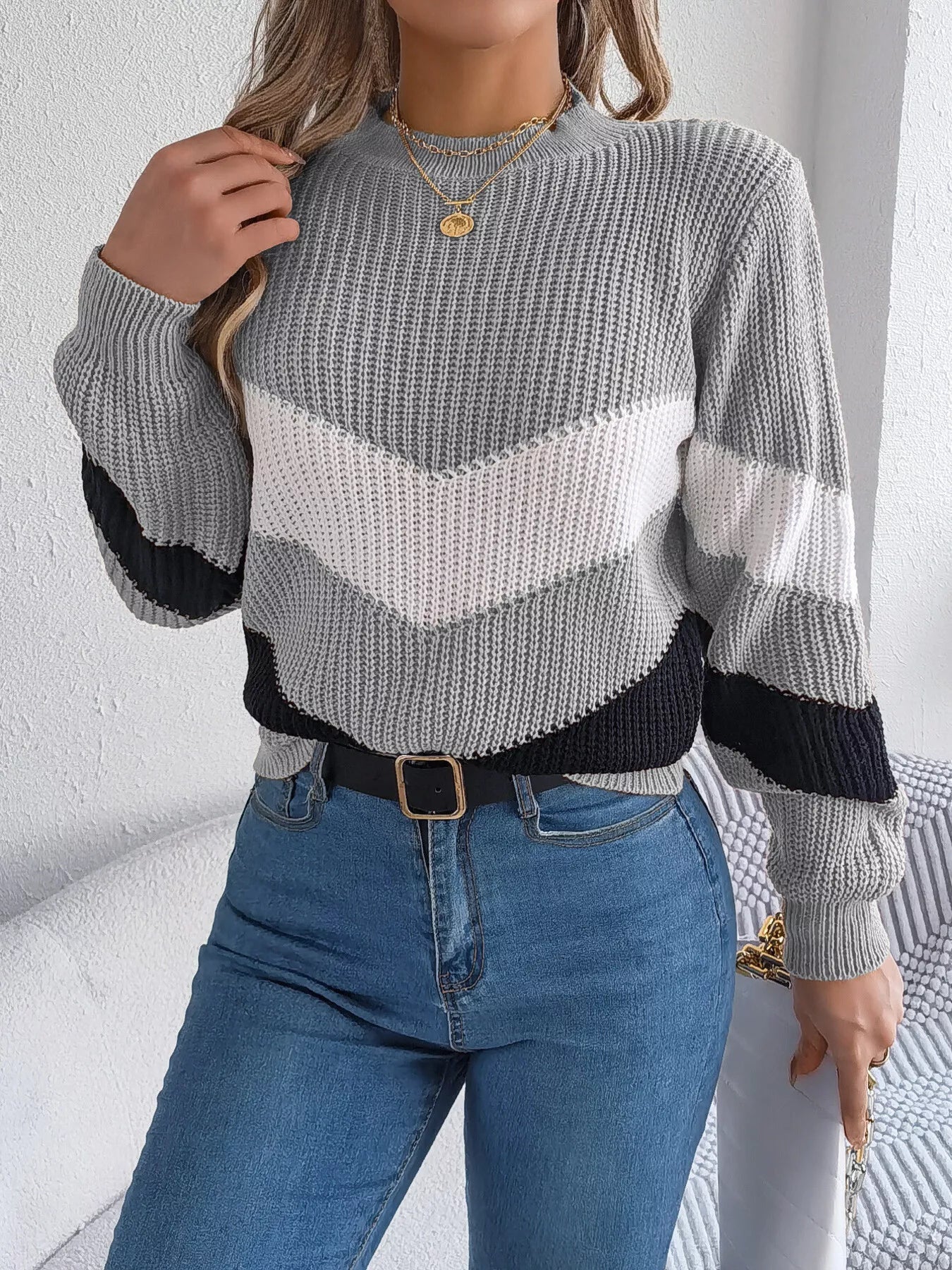 Chevron Stripe Color Block Round Neck Sweater 