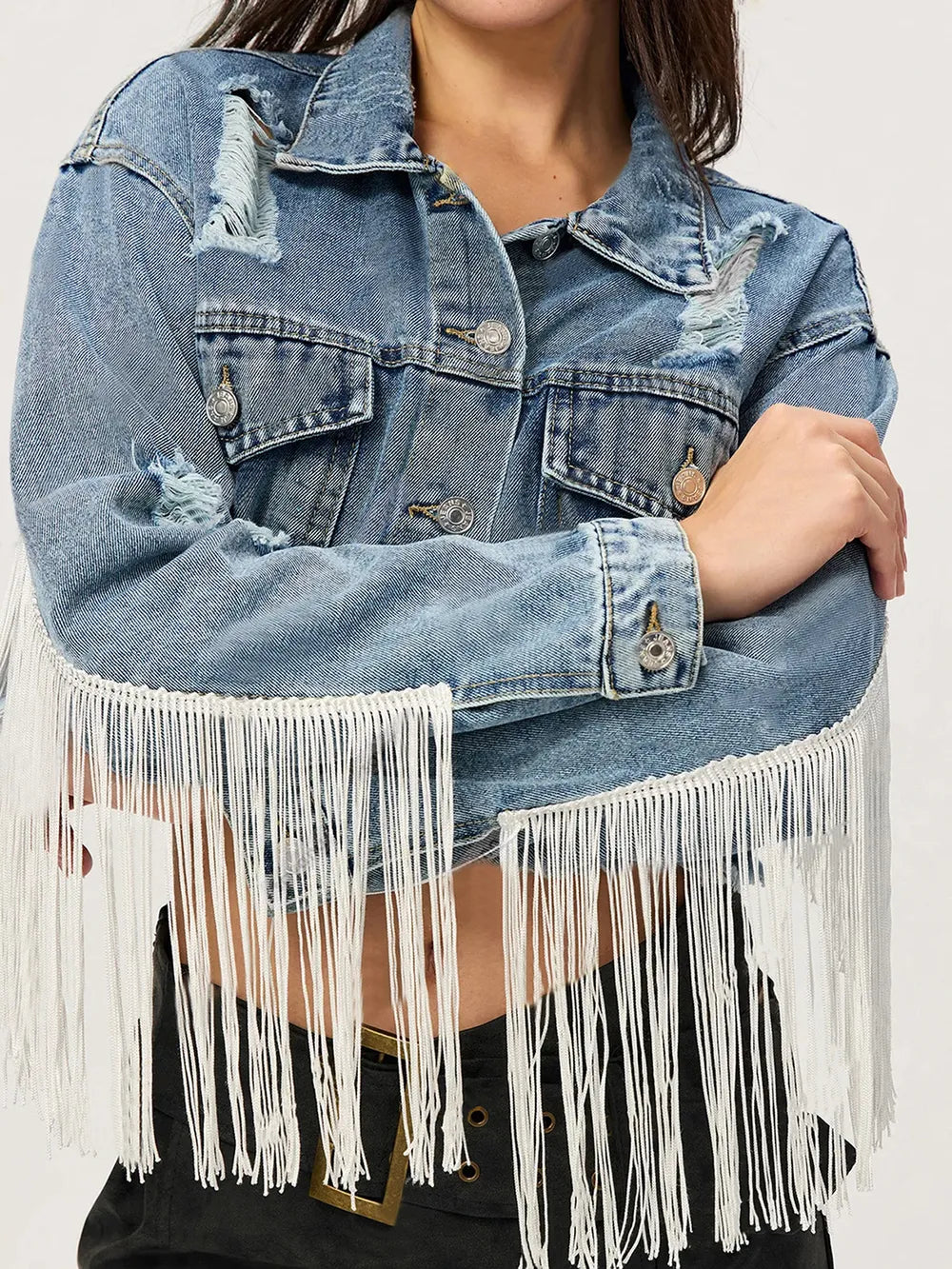 Distressed Fringe Collared Neck Cropped Denim Top 