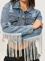 Distressed Fringe Collared Neck Cropped Denim Top 
