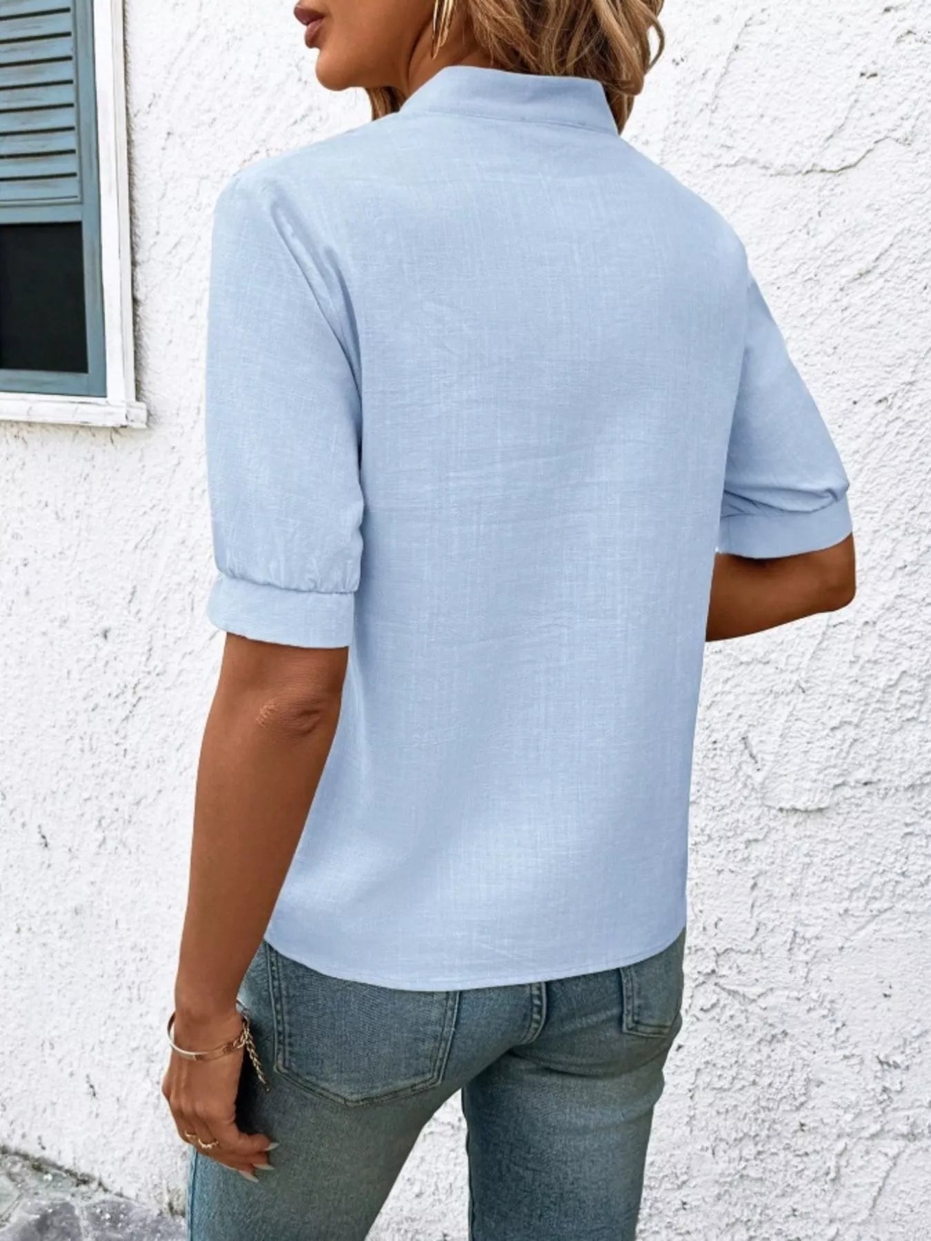 Embroidered Notched Short Sleeve Blouse 