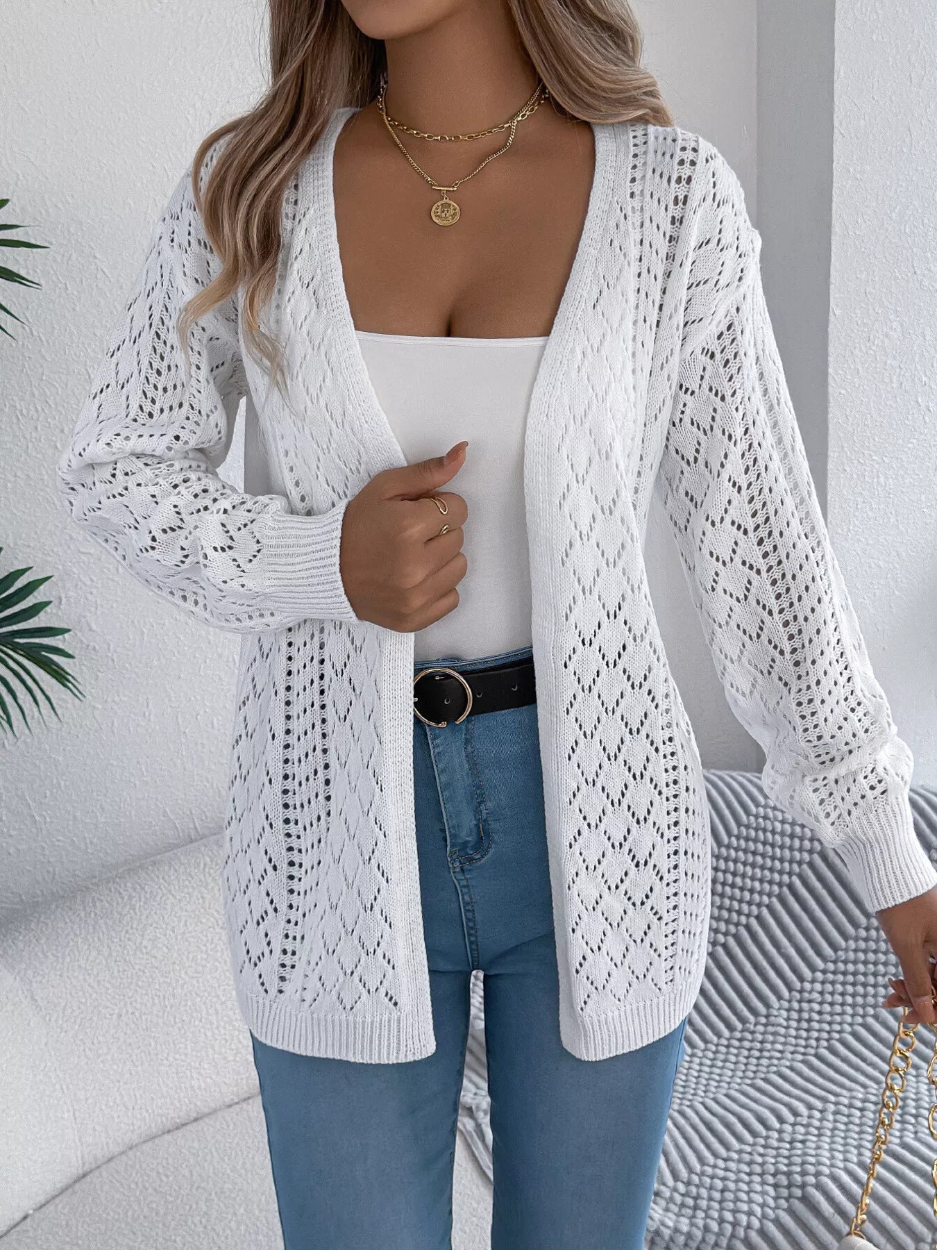Openwork Open-Front Long Sleeve Cardigan 
