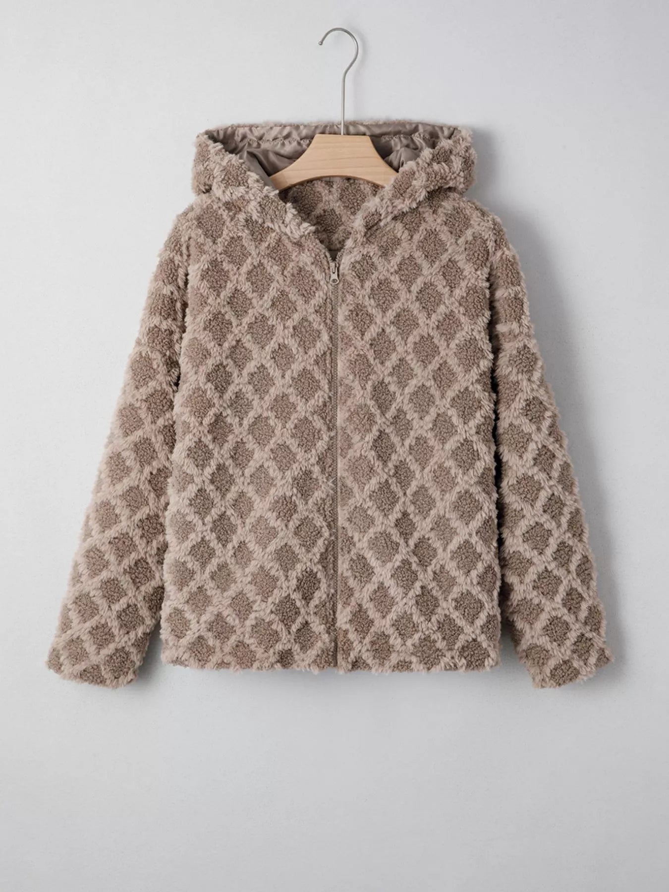 Sherpa Rhombus Zip Up Side Pocket Hooded Jacket 
