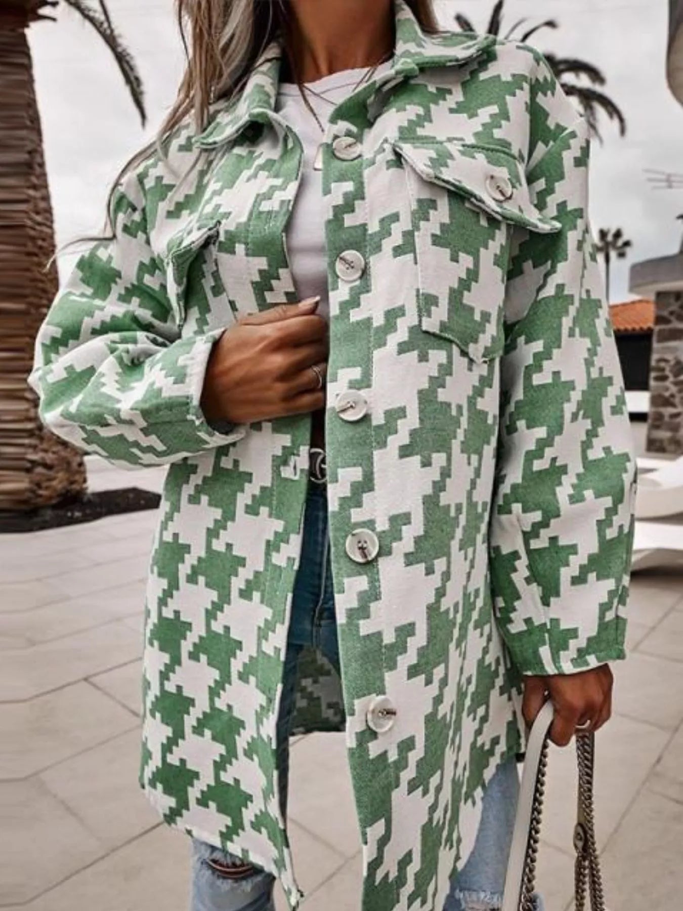 Houndstooth Button Up Long Sleeve Outerwear 